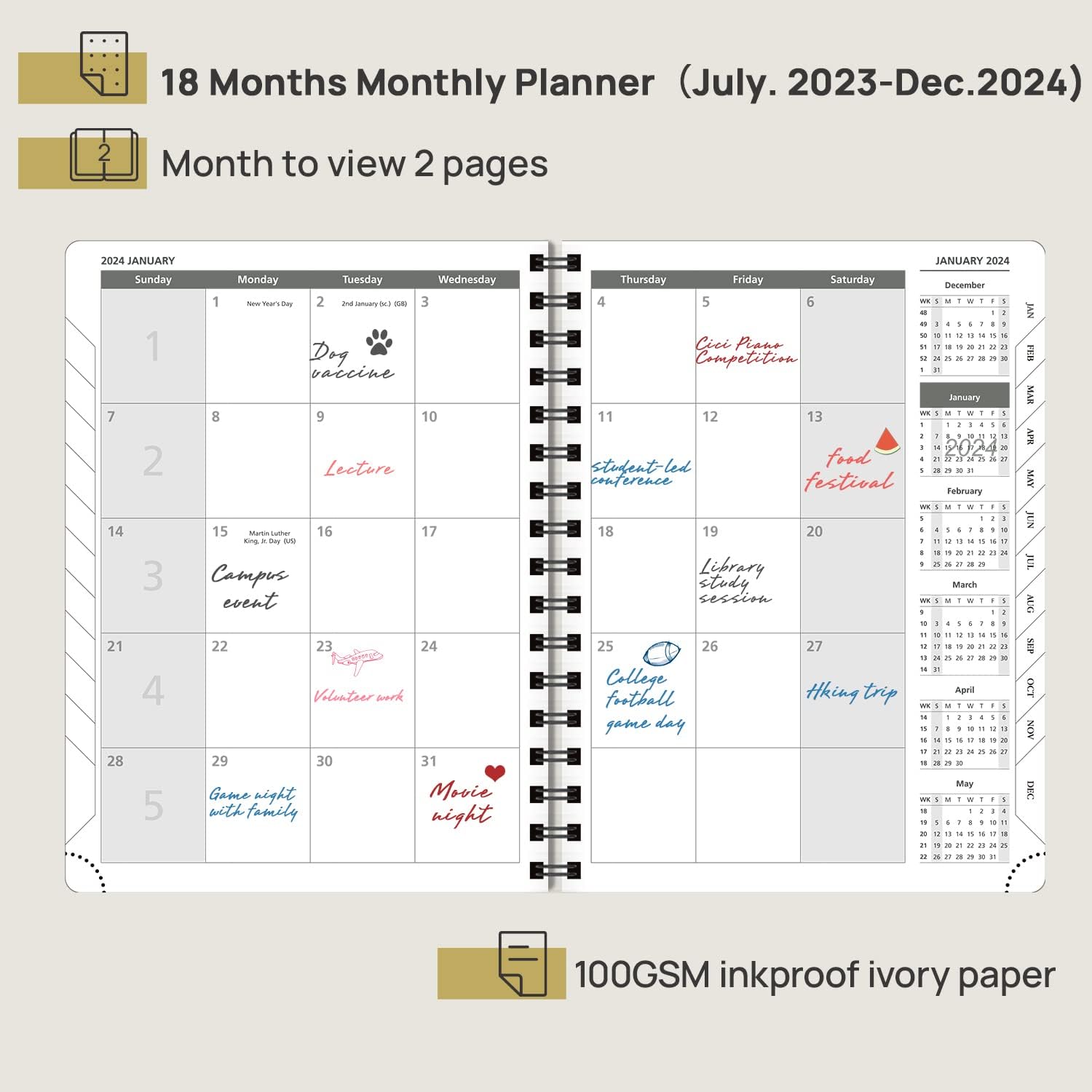 POPRUN Monthly Planner 2024-2025 Spiral Bound (6.5'' x 8.5'') 18 Months Calendar (Jan 2024 - Jun 2025) - 4 Pages per Month with Monthly Expense & Notes, Vegan Leather Cover - Brown