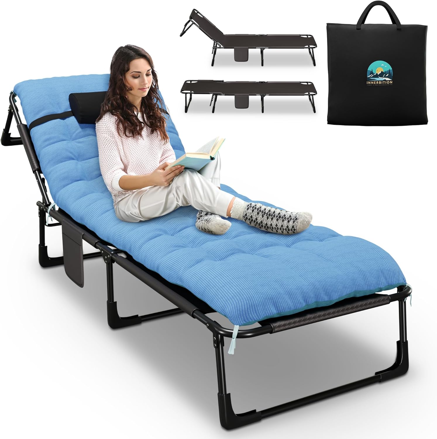 Folding Camping Cot Bed - Heavy Duty Cot Outdoor Bed with 4 Adjustable Position, Pillow, Double-Sided Cushion & Carrying Bag - Sleeping Cots for Adults, Travel Cot for Beach, Patio & More