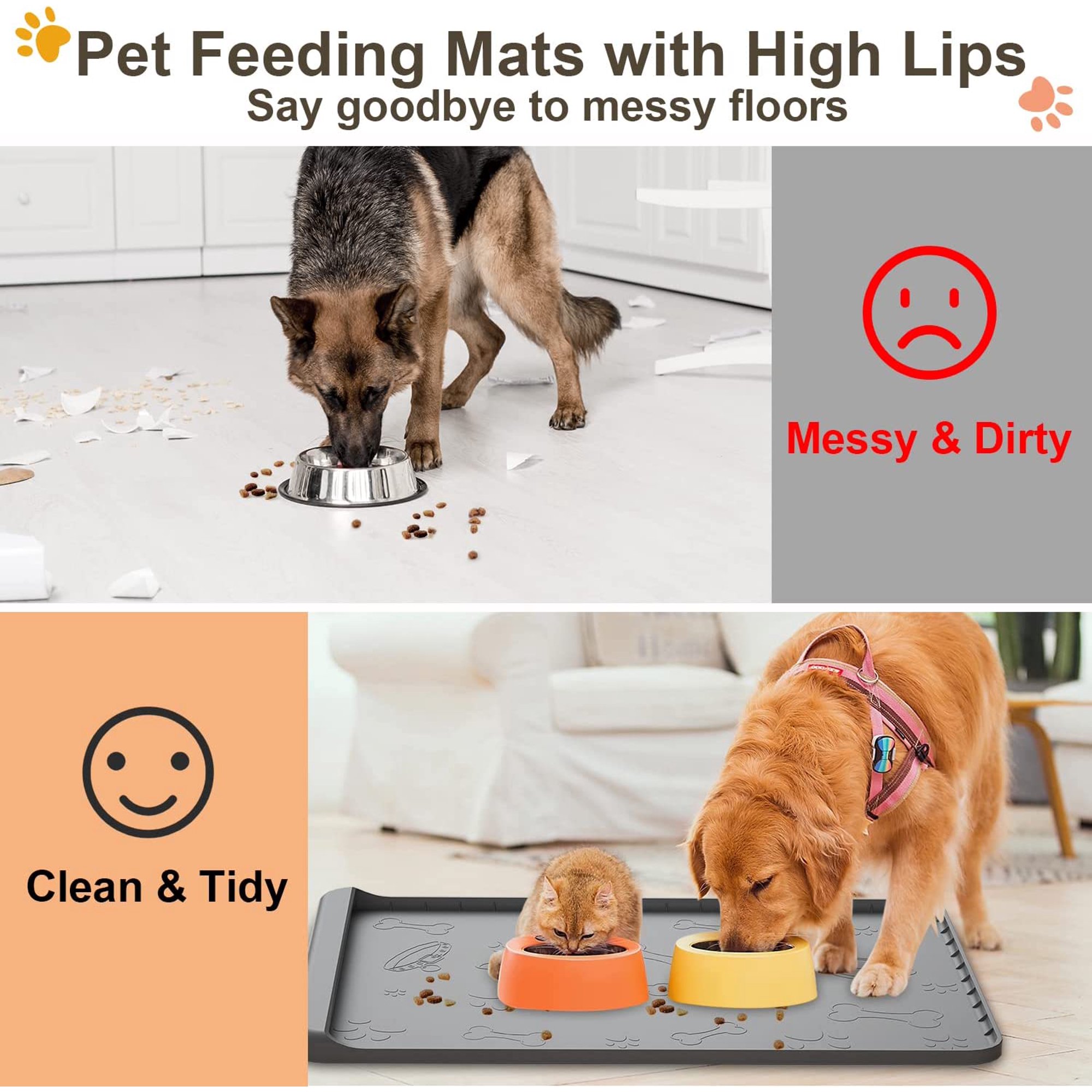 Large Silicone Dog Mat for Food & Water - 36x24inch with Residue Pocket, Waterproof Pet Bowl Mat with High Edges