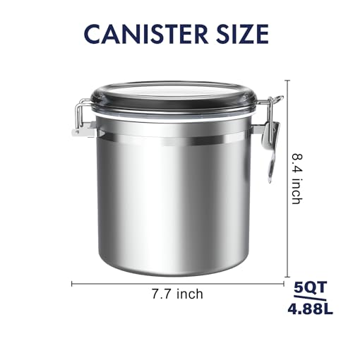 ENLOY 165oz Stainless Steel Airtight Canister for Kitchen, Large Flour Coffee Bean Tea Cereal Sugar Cookie Metal Food Storage Canisters with Clear Lid and Sturdy Locking Clamp