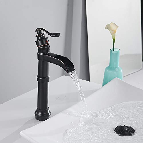 Oil Rubbed Bronze Vessel Sink Faucet Single Hole Faucet Bathroom Waterfall Faucet Farmhouse Single-Handle 1 Hole Deck Mount Bowl Tall Body