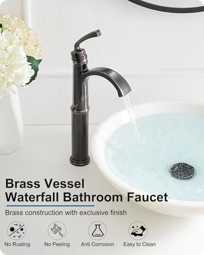 Vessel Sink Faucet, Oil Rubbed Bronze Waterfall Bathroom Sink Faucets, Brass Tall Bathroom Faucet Vanity Faucet 1 Hole Restroom Faucet Single Handle with Pop-up Drain Supply Hose