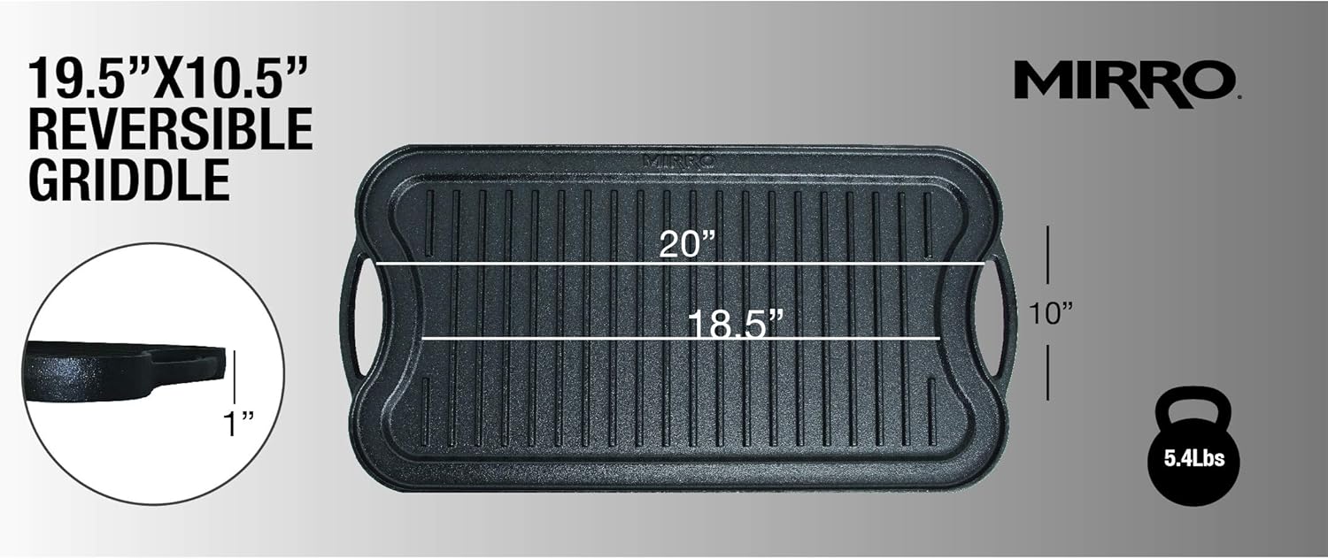 Mirro MIR-19055 Pre-Seasoned Ready to Use Cast Iron Reversible Grill/Griddle with Handles 20 Inch x 10.5 Inch, Black