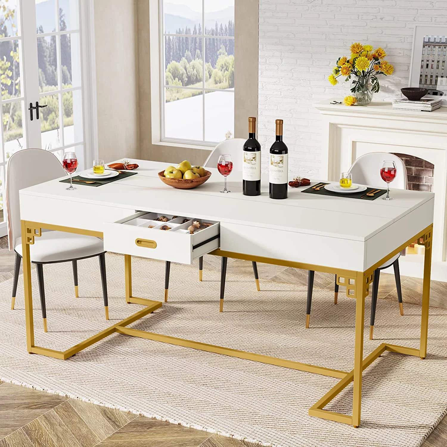 RUNFAYBIU 63 Inches Dining Table for 4 to 6  Rectangular Kitchen Table with 2 Drawers  Modern Dinner Table with Gold Metal Frame for Dining Room  Kitchen  White & Gold