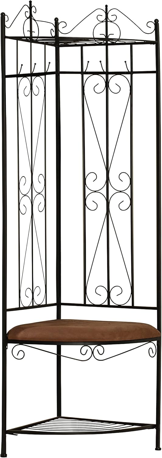 KB Designs - 6 Hook Corner Hall Tree with Bench & Shoe Storage, Black/Brown