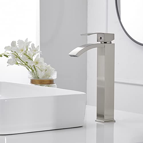 Brushed Nickel Vessel Sink Faucet, Waterfall Bathroom Faucets, Tall Spout Single Handle Single Hole Bathroom Faucets with Pop Up Drain and Without Overflow Basin Faucet Supply Line