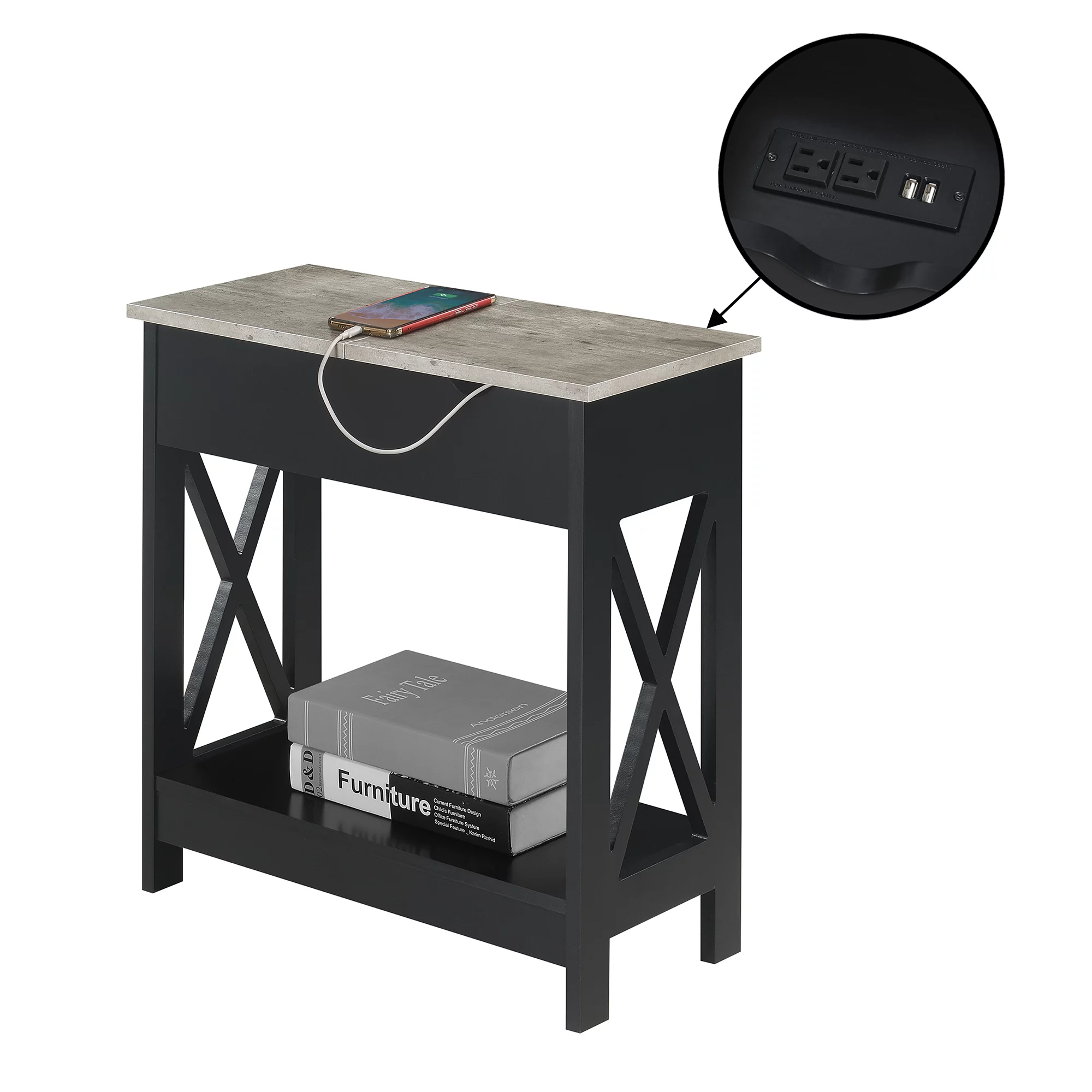 Convenience Concepts Oxford Flip Top End Table with Charging Station and Shelf, Faux Birch/Black