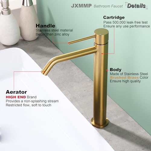 Brushed Gold Vessel Sink Faucet with Pop Up Drain and Supply Lines, Stainless Steel Gold Vanity Faucet Single Hole, JXMMP Single Handle Bathroom Faucet Gold, JXM1001BG