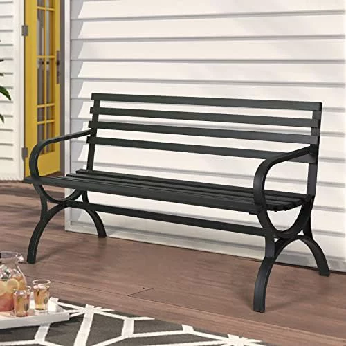 Outdoor Garden Bench Patio Park Bench, Metal Frame Furniture With Backrest And Armrests For Porch Yard Lawn Deck, Black