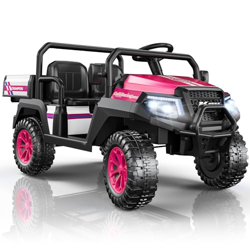 R8 12V Ride on Car, 2-Seater Electric Car for Big Kids, 4-Wheel Suspension w/Remote Control, Pickup Trunk Bed, Extra Shovel, Battery Indication, 2 Speeds, Music, Wireless, LED Lights