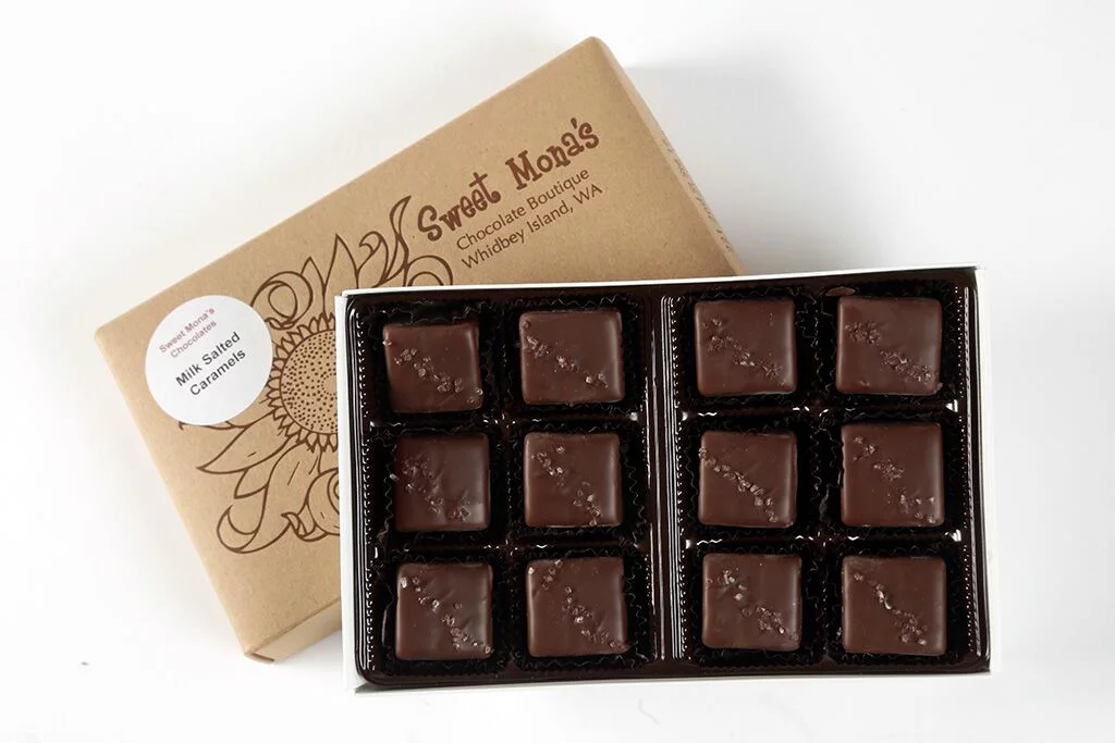 Sweet Mona's Chocolate Sea Salt Caramels, Small Batch, Kettle Cooked, 12-Piece Gift Box