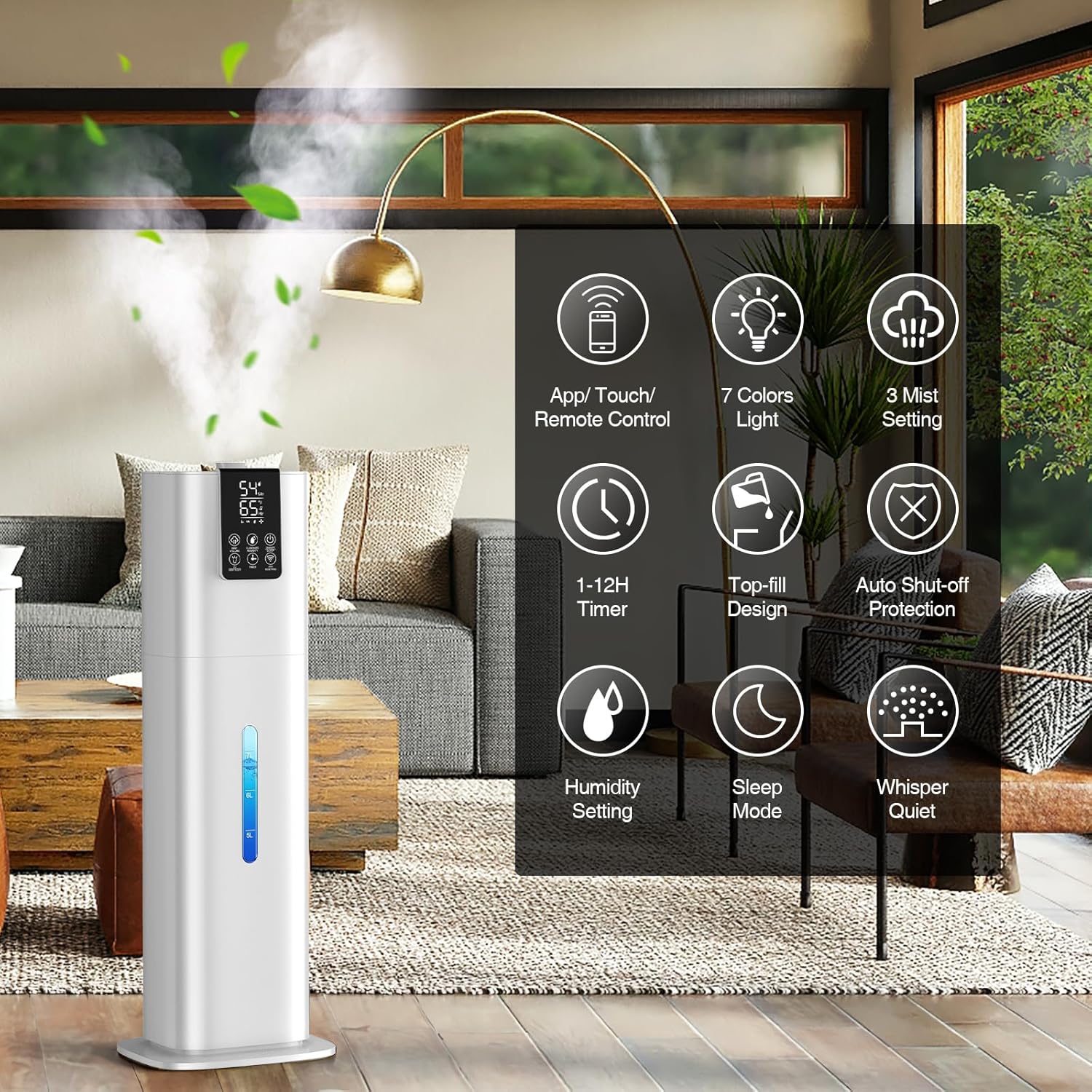 Smart Humidifiers Large Room Bedroom Home, 8L Top Fill Cold Mist Humidifiers with 3 Adjustable Mist Levels, Smart App & Remote Control, 48H Runtime, Nightlight, 12H Timer, Humidity Setting