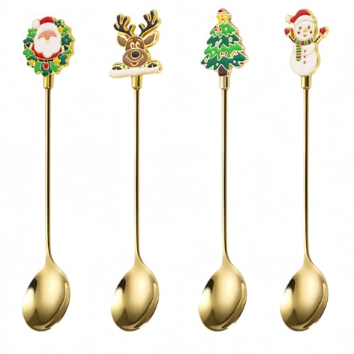 Christmas Teaspoon Gift Set of 4 |Premium 5.6 Inch Stainless Steel Small Spoon | Coffee Spoons for Dessert & Tea | Christmas Decorations Indoor & Kitchen Decor | Hostess Gifts