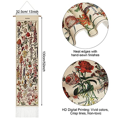 Tegeme Vintage Tapestry 52 x 13 Inch, Long Tapestry Vertical Wall Hanging Reference Illustrative Botanical Tapestry Tassel Tapestry for Bedroom Living Room Home Decoration (Vintage, Flower)
