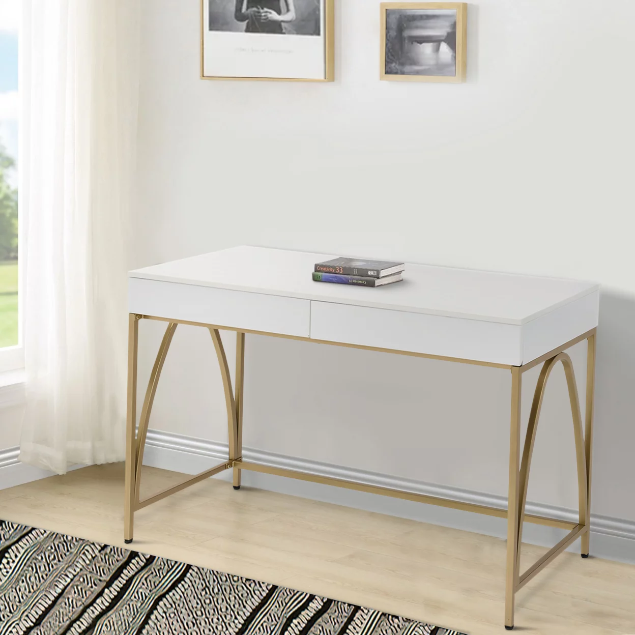 Rectangular Wooden Frame Desk with 2 Drawers and Metal Legs, White and Gold