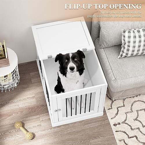 Dog Crate Furniture with Cushion, Dog Crate End Table Large, Indoor Dog Kennel, Dog House, Dog Cages for Large Dogs, Furniture Style Dog Crate with Flip-top, Chew-Proof Metal Bars, White