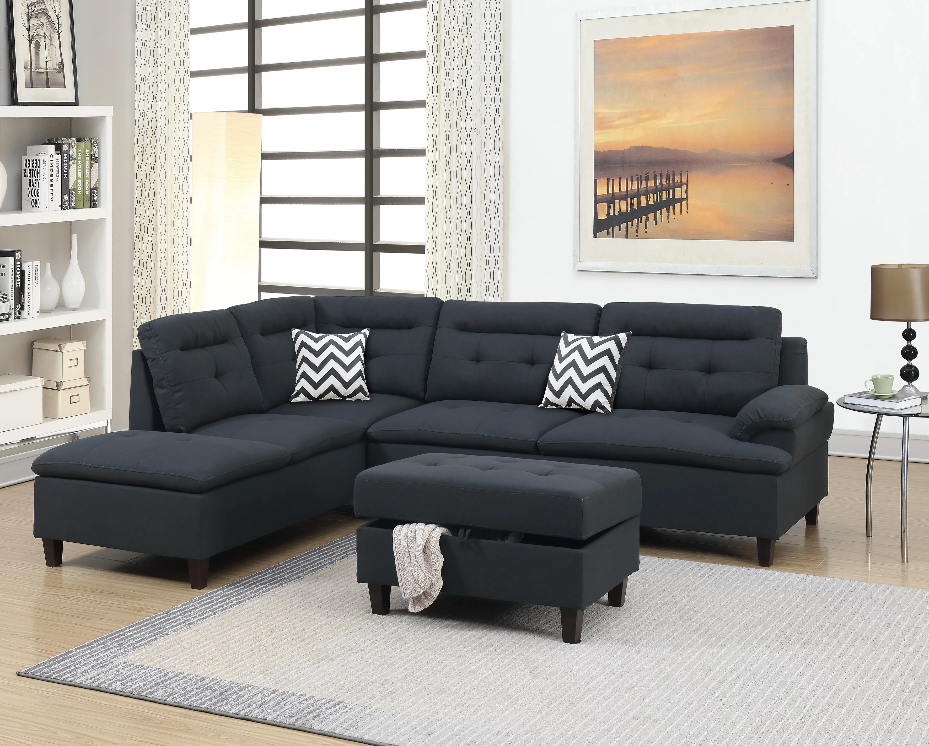 Stylish Modern Classic Look Black Color Couch Sectional Sofa Ottoman w Storage Living Room Furniture Couch Cushion Pillows