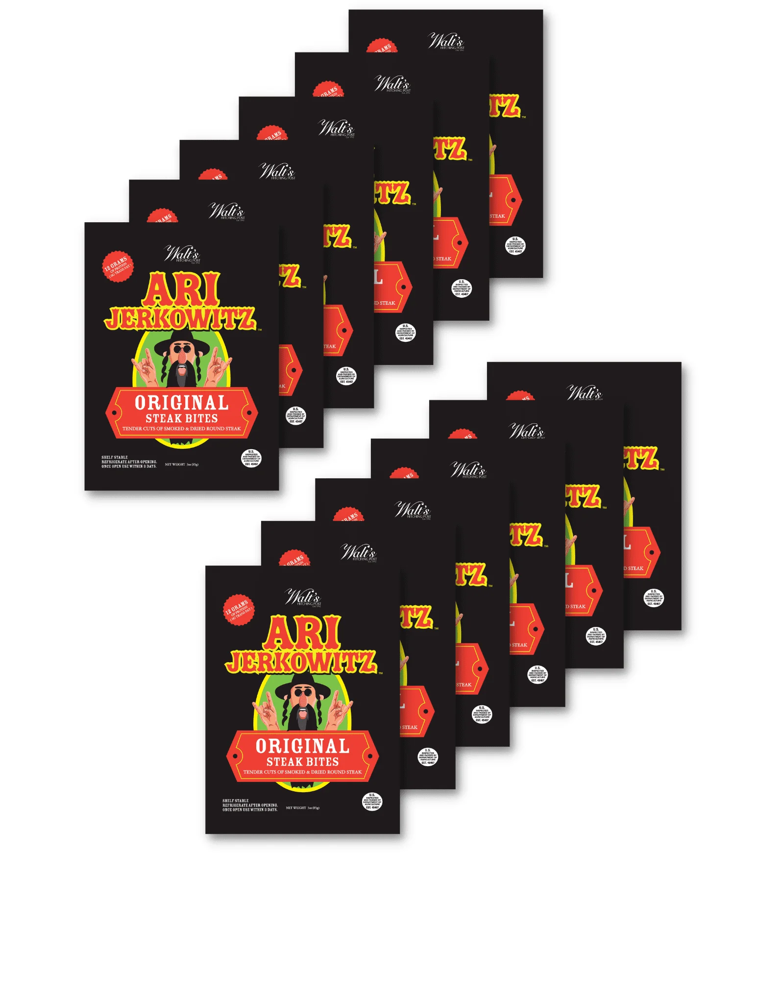 Ari Jerkowitz Original Steak Bites by Walt's Hitching Post Tender Cuts of Smoked & Dried Round Steak Beef Jerky 3 oz Bag - 12 Bags