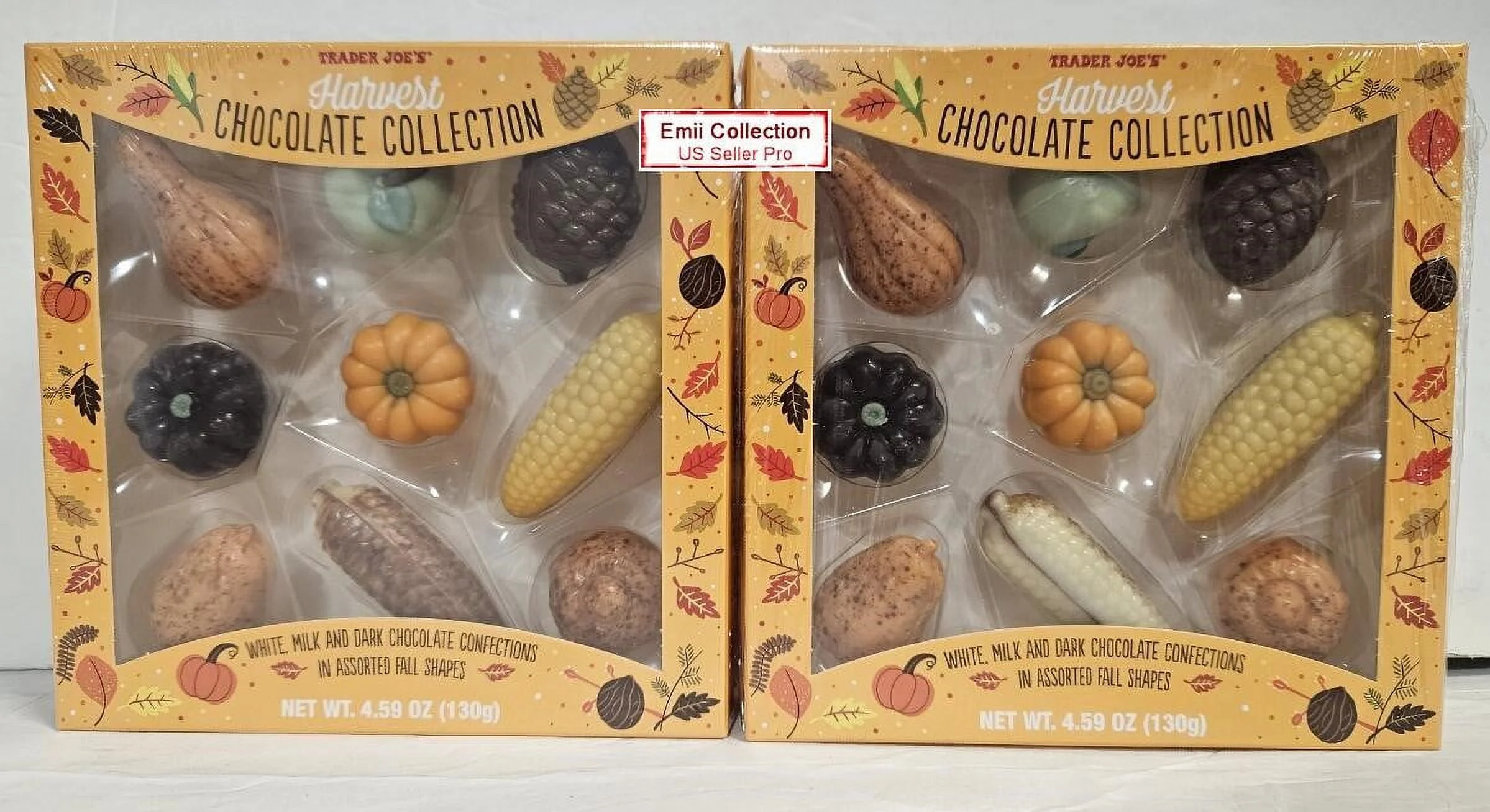 Trader Joe's Harvest Chocolate Collection White, Milk and Dark Chocolate Confections in Assorted Fall Shapes 4.59oz 130g (2 Boxes)