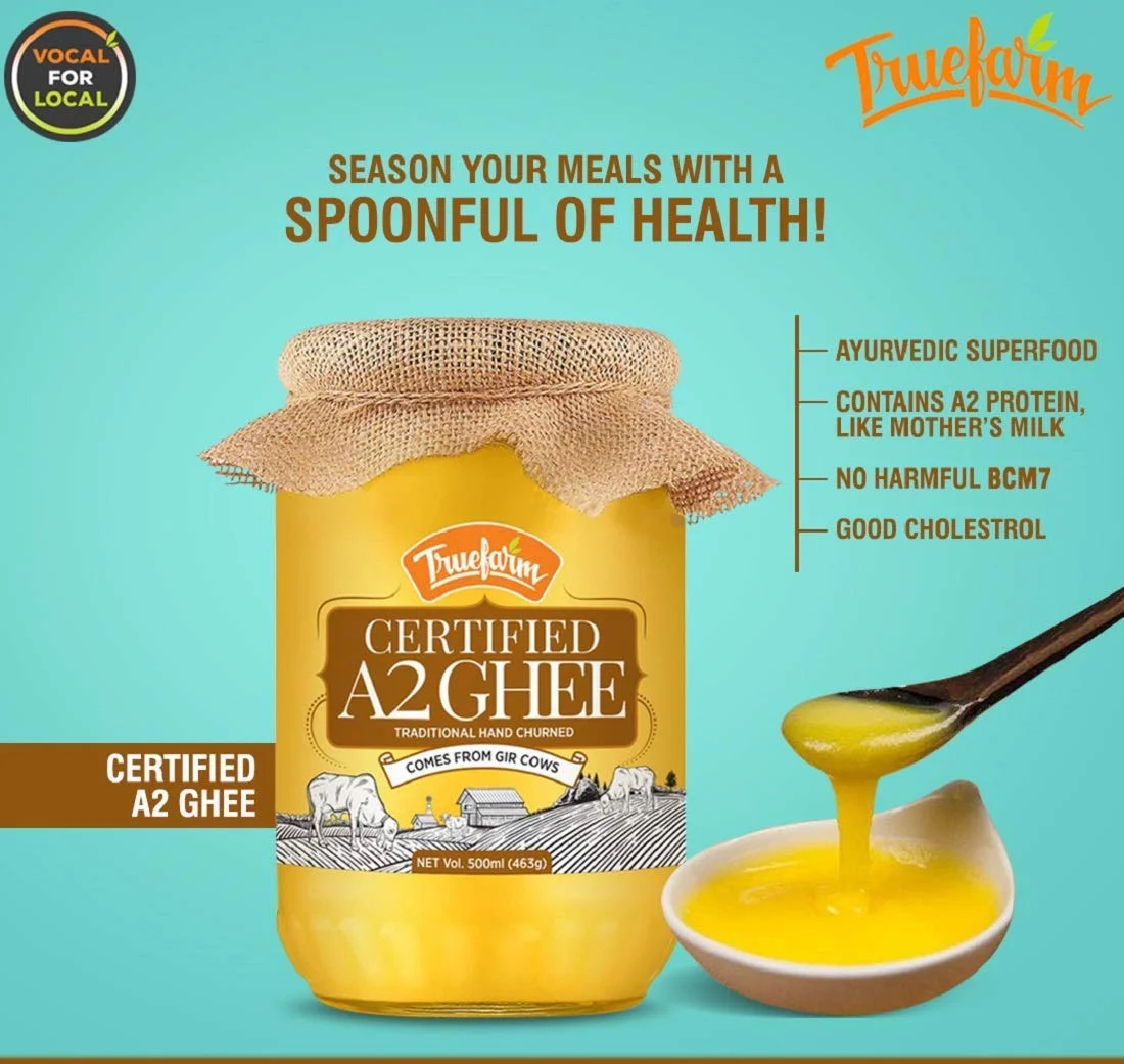 Truefarm - A2 Gir Cow Desi Ghee (500Ml) | Traditional Hand Churned Bilona Method | Comes From Gir Cows | A2 Cow Ghee | Desi Ghee (500Ml)