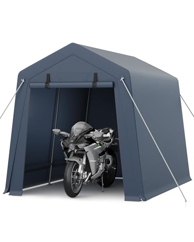 7x10 FT Portable Outdoor Storage Shed with 2 Roll-Up Zipper Doors & Vents, 240G Heavy-Duty Shelter Waterproof PE Tarp, UV-Resistant Carport for Motorcycle, Firewood, Tools -Gray