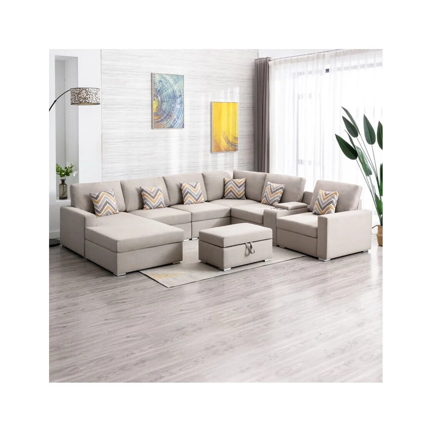 Homestock Tuscan Treats Linen Fabric 8Pc Reversible Chaise Sectional Sofa with Interchangeable Legs, Pillows, Storage Ottoman, and a USB, Charging Ports, Cupholders, Storage Console Table