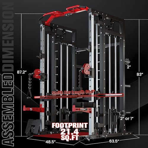 Smith Machine - 2200lbs Squat Rack Home Gym with LAT-Pull Down System & Cable Crossover Machine - Training Equipment with Leg Hold-Down Attachment