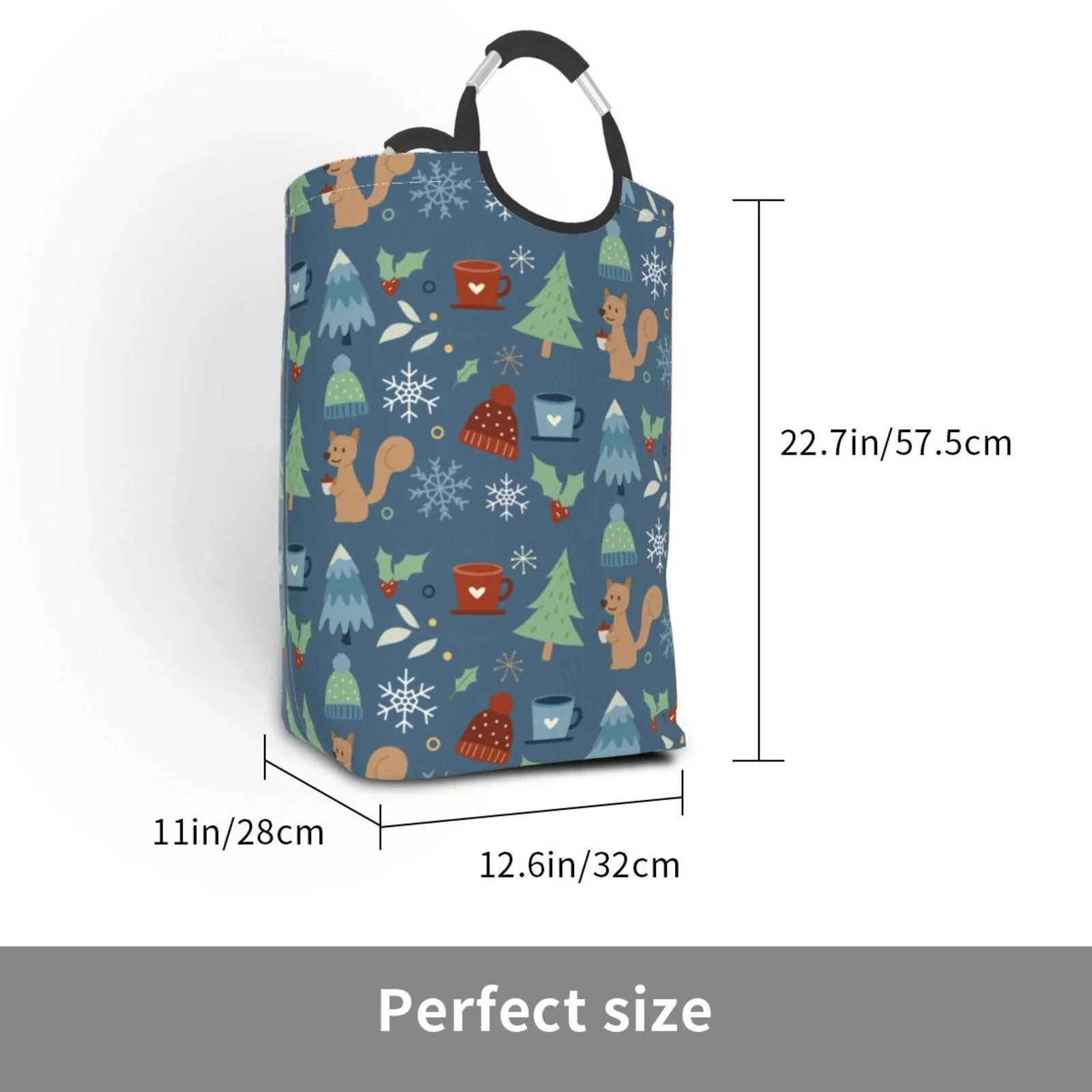 XMXT Collapsible Laundry Basket Hamper, Christmas Squirrel Blue Doodle Large Laundry Bag Clothes Hamper with Aluminum Handle, 50L