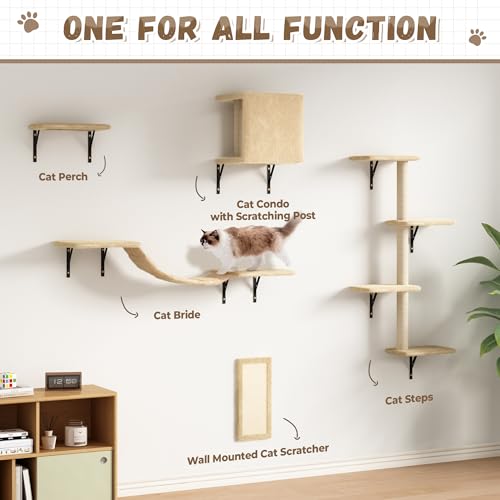 COZIWOW Wall Mounted Cat Furniture, Cat Wall Shelves and Perches, Floating Cat Shelves for Wall Set of 5 (Grey)