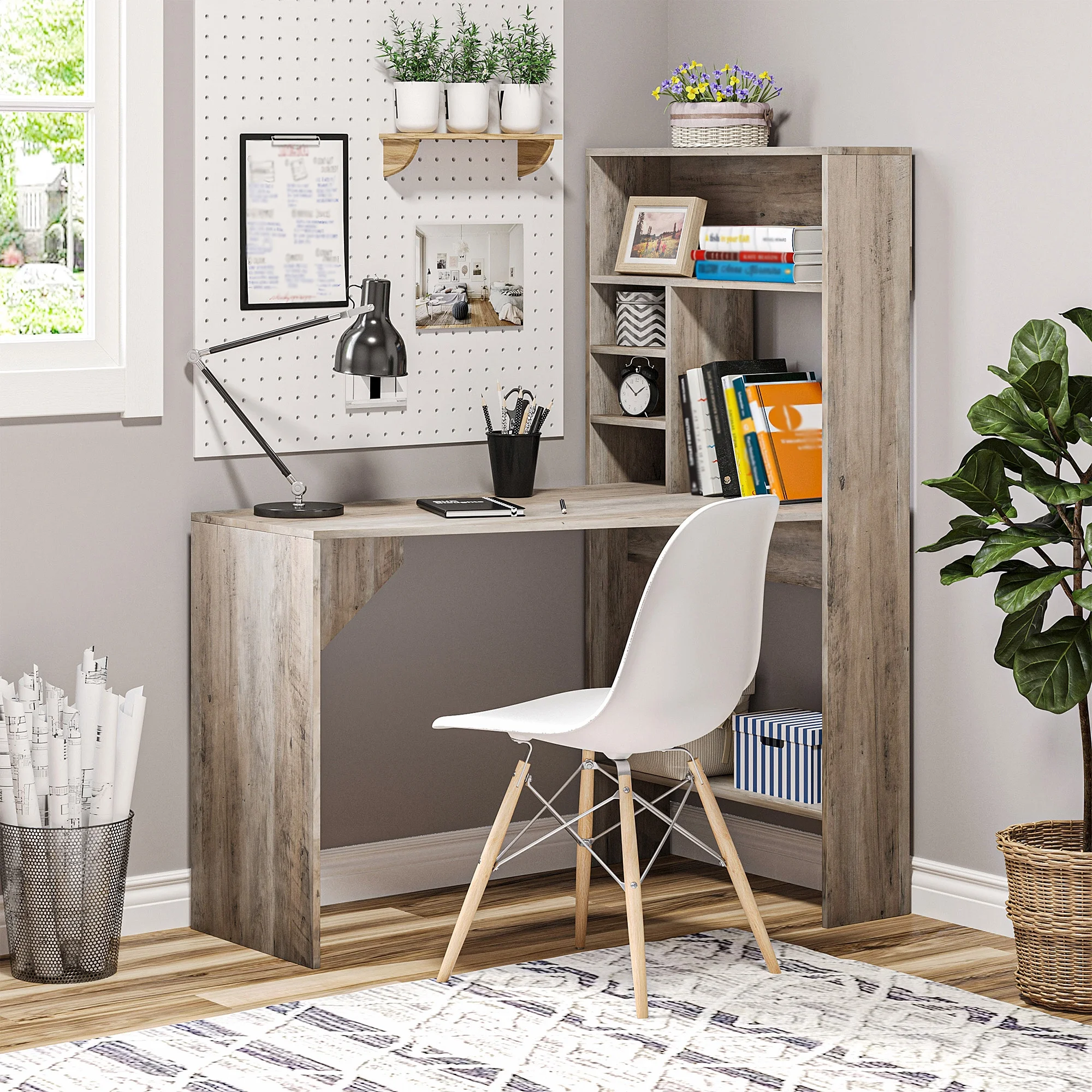 âHOMCOM Nordic Style Computer Desk with Hutch and Storage Shelves PC Laptop Writing Table Home Office Workstation, Grey