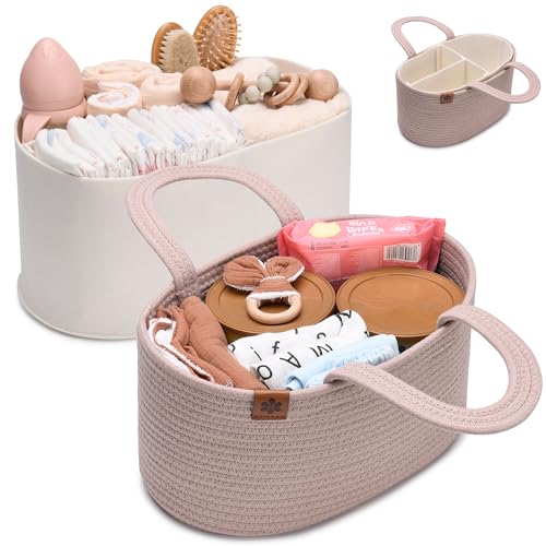 PeraBella Baby Diaper Caddy Organizer Girl, Nursery Storage Rope Baby Basket, Changing Table Organizer, Car Caddy Bag, Baby Boy Shower Gifts, Newborn Essentials Baby Registry Search Nursery Must Haves