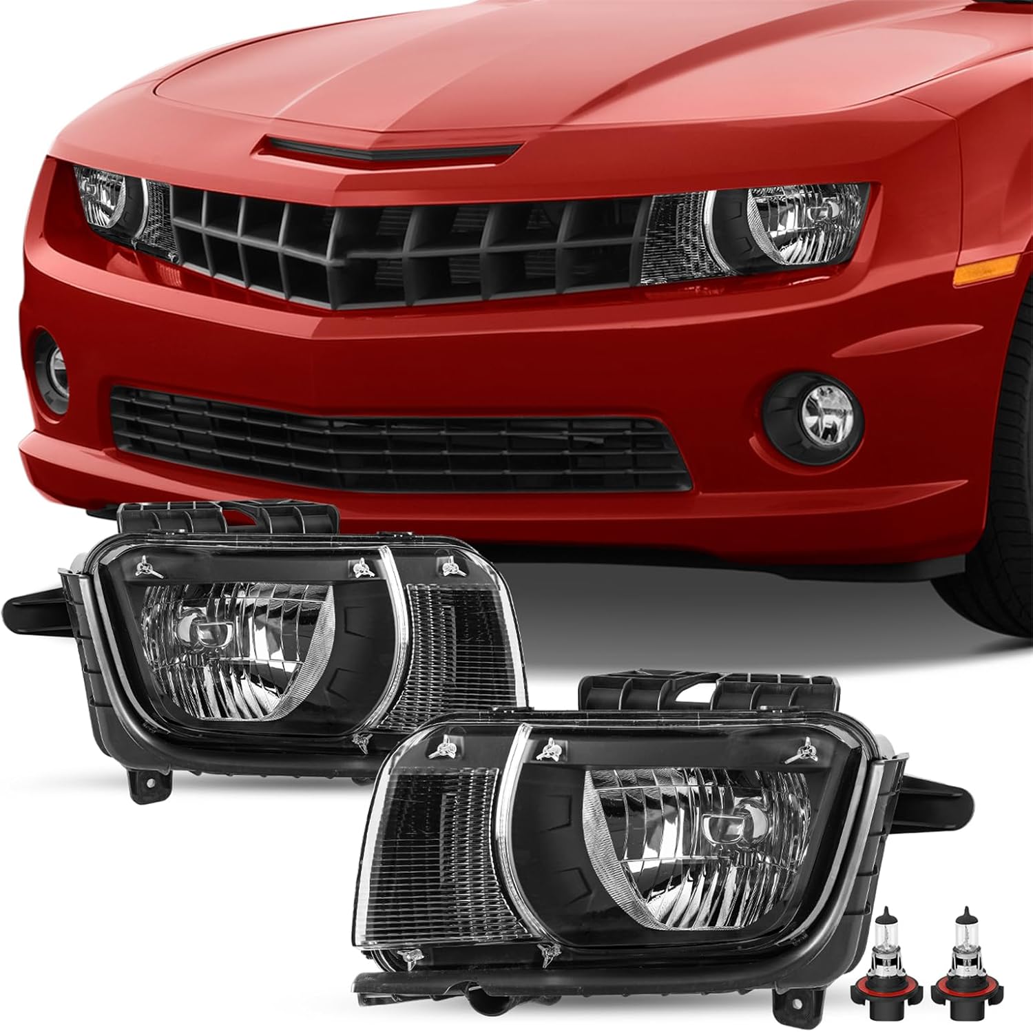 Headlight Assembly Fit for 2010 2011 2012 2013 Chevy Camaro OE Style Factory Halogen Front Headlamp Replacement LH+RH Black Housing Bulbs Included