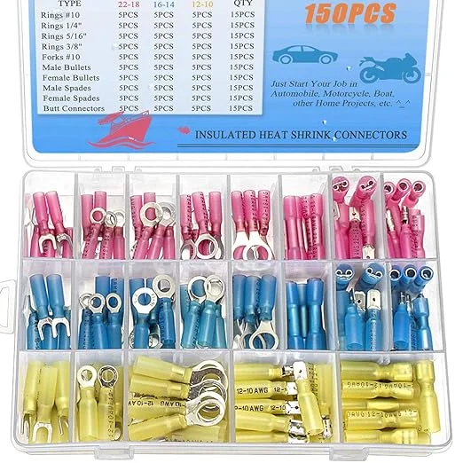 150PCS Heat Shrink Connectors, Sopoby Electrical Wire Connectors Crimp Connectors, Insulated Automotive Marine Wire Terminal Kit, Ring Fork Spade Bullet Butt Connectors