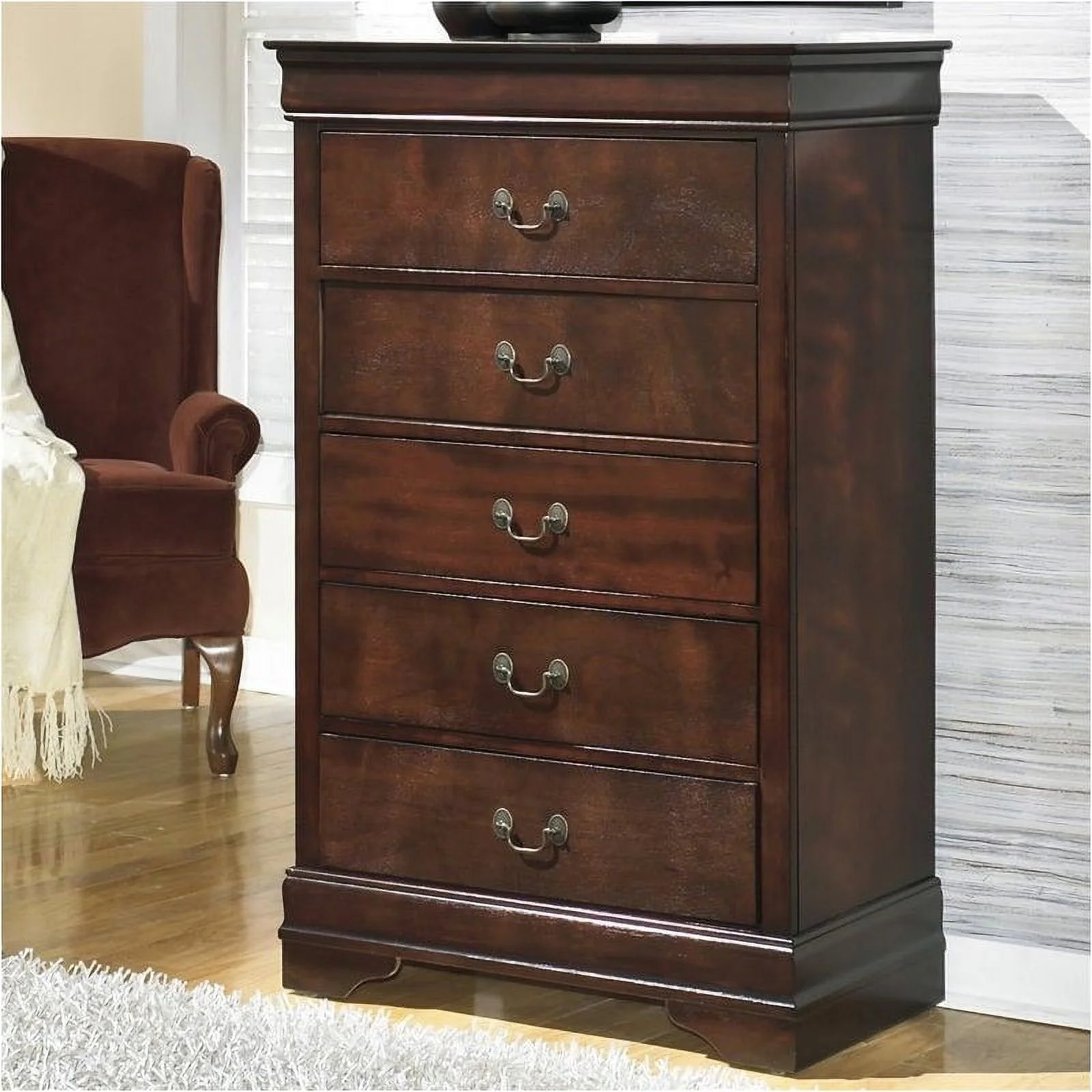 Bowery Hill Transitional 5-Drawer Wood Chest in Warm Dark Brown