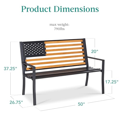 Best Choice Products Outdoor Bench 2-Person Steel Indoor/Outdoor Bench for Garden, Patio, Porch, Entryway w/American Flag, 790lb Capacity – Black