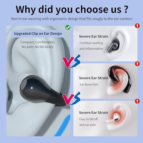 Open Ear Bone Conduction Headphones Bluetooth 5.3 Wireless Open Clip Ear Earbuds Built-in Mic with Ear Hooks 60 Hours Playtime Sport Earphones IPX7 Waterproof for Fitness Running