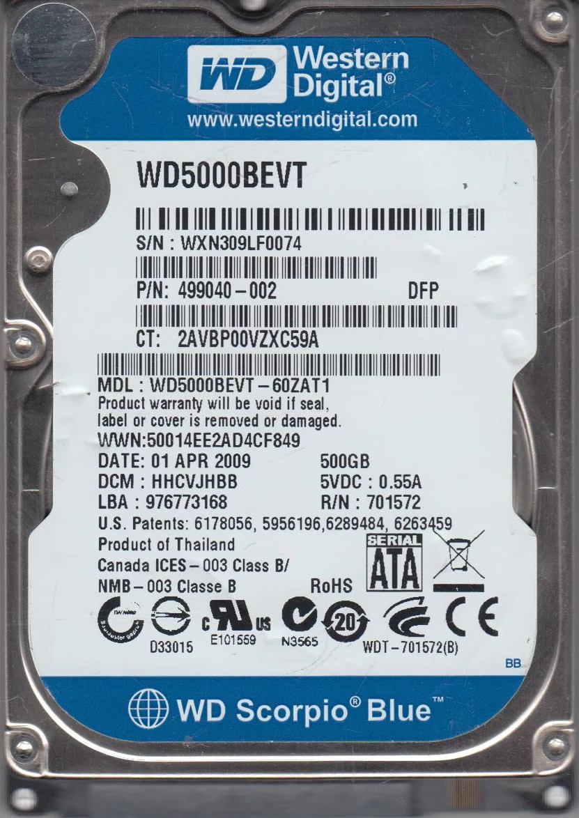 WD5000BEVT-60ZAT1, DCM HHCVJHBB, Western Digital 500GB SATA 2.5 Hard Drive