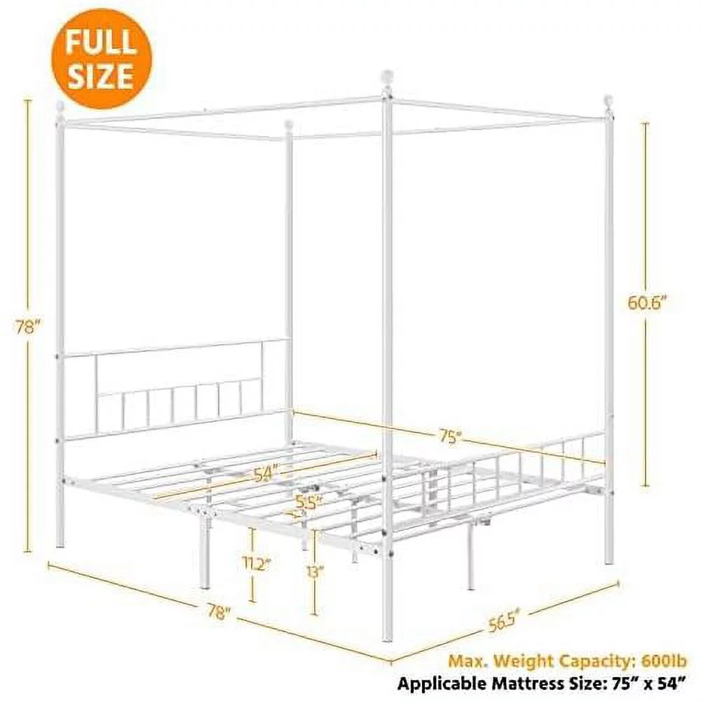 Metal Canopy Platform Bed Frame Four-Poster Canopied Bed Mattress Foundation With Headboard And Footboard Sturdy Slatted Structure No Box Spring Needed Easy Assembly Full White
