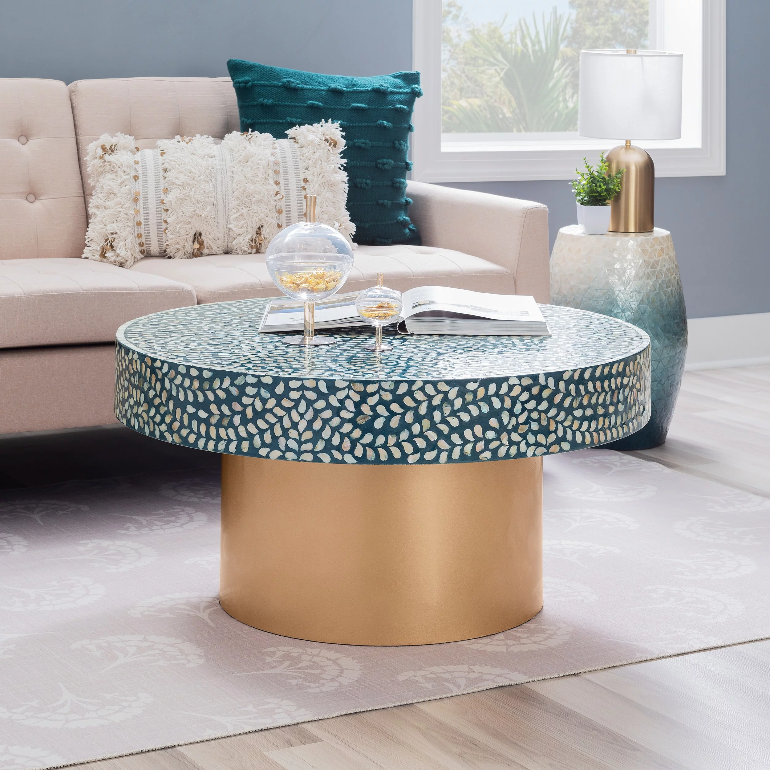 Linon Saxony Round Coffee Table, Blue Mother of Pearl