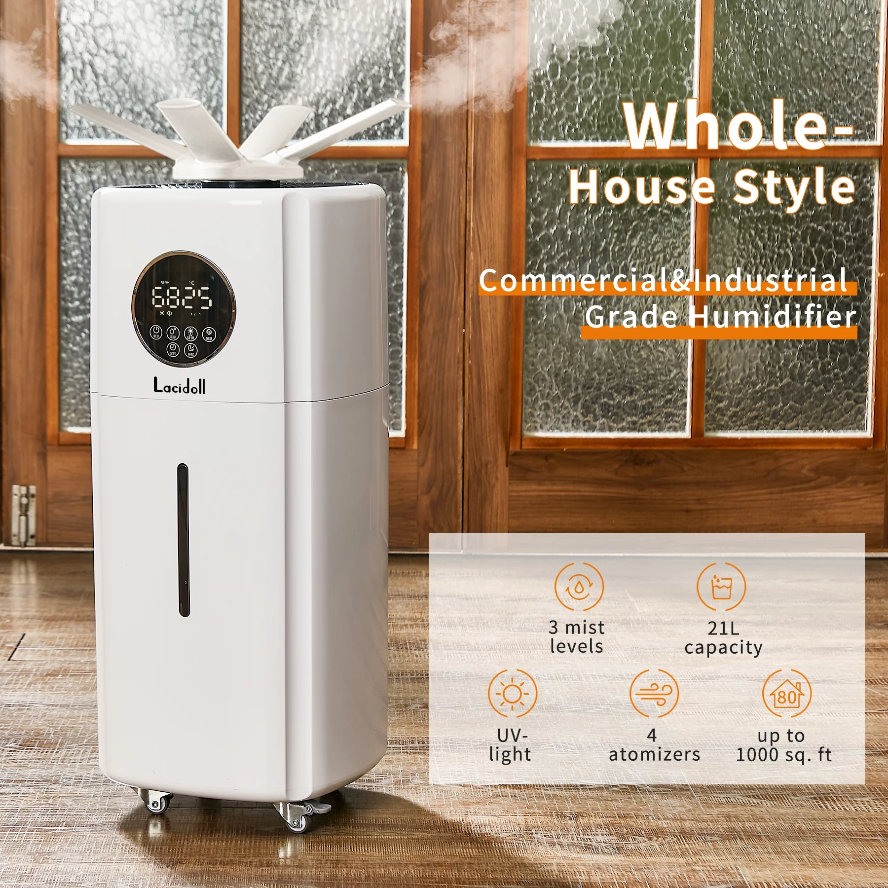 Large Humidifiers Whole-House Style Industrial Humidifier 2000 sq.ft, 5.5Gal Plant Humidifier Cool Mist Top Fill Humidifier 21L 2000ML/H Dual 360 Nozzles 3