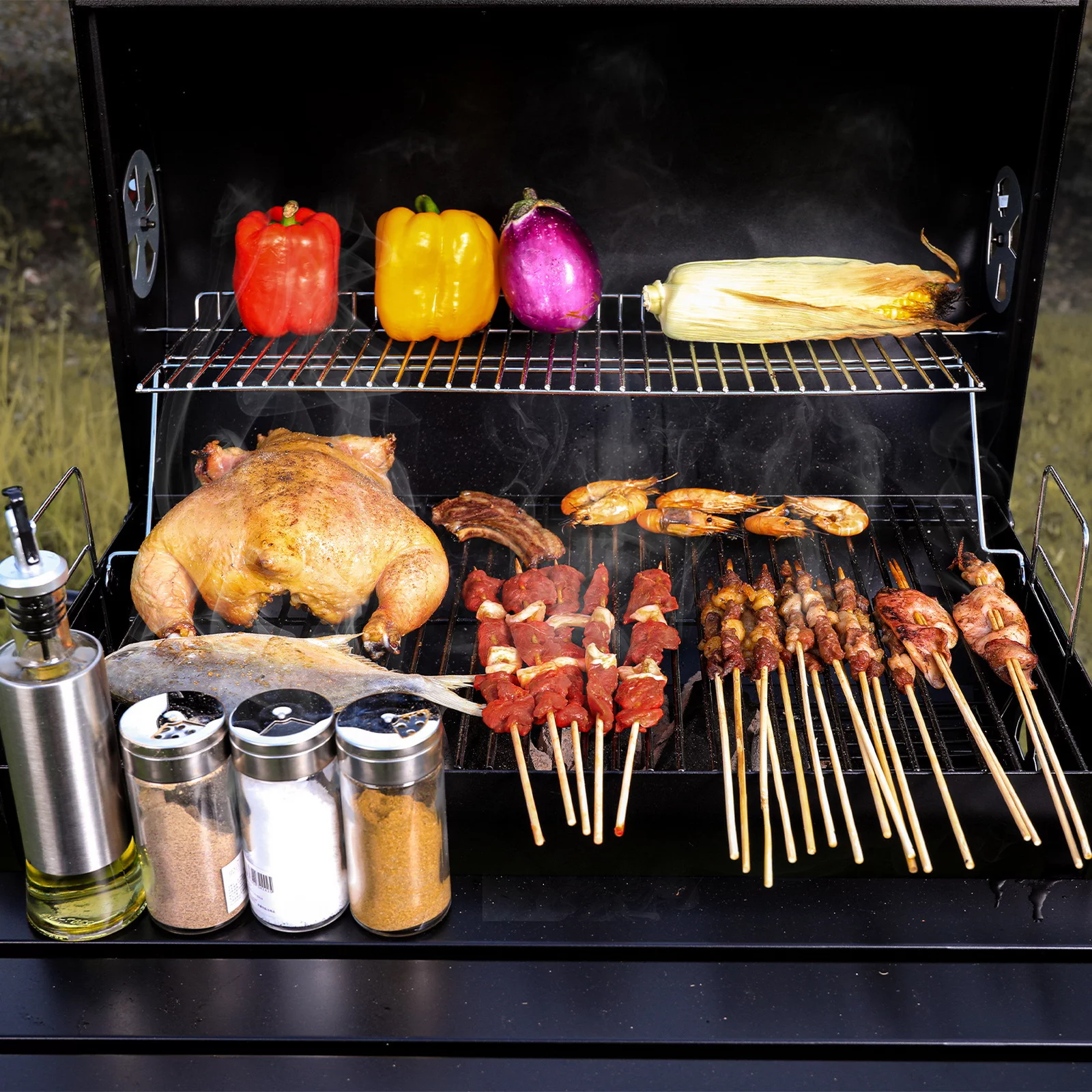 Uten Portable Barrel Charcoal BBQ Grill with Front Shelf, Carbon Steel Outdoor Barbecue Smoker