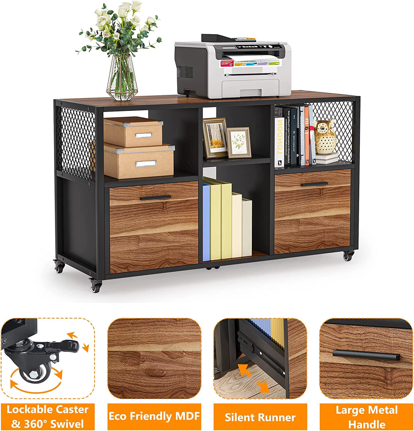 Baiyihang 2 Drawer Wood File Cabinets, Modern Mobile Lateral Filing Cabinet,  Rustic Brown