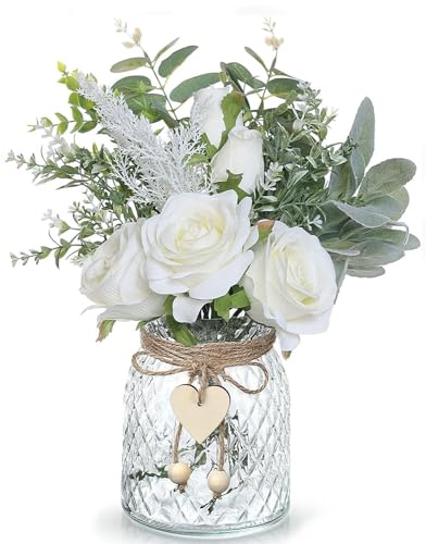 LADADA Artificial Flowers with Vase, Silk Hydrangea Flower Bouquet in Vase, Faux Flower Arrangement with Vase for Home Decoration, Dining Table Centerpiece(White)