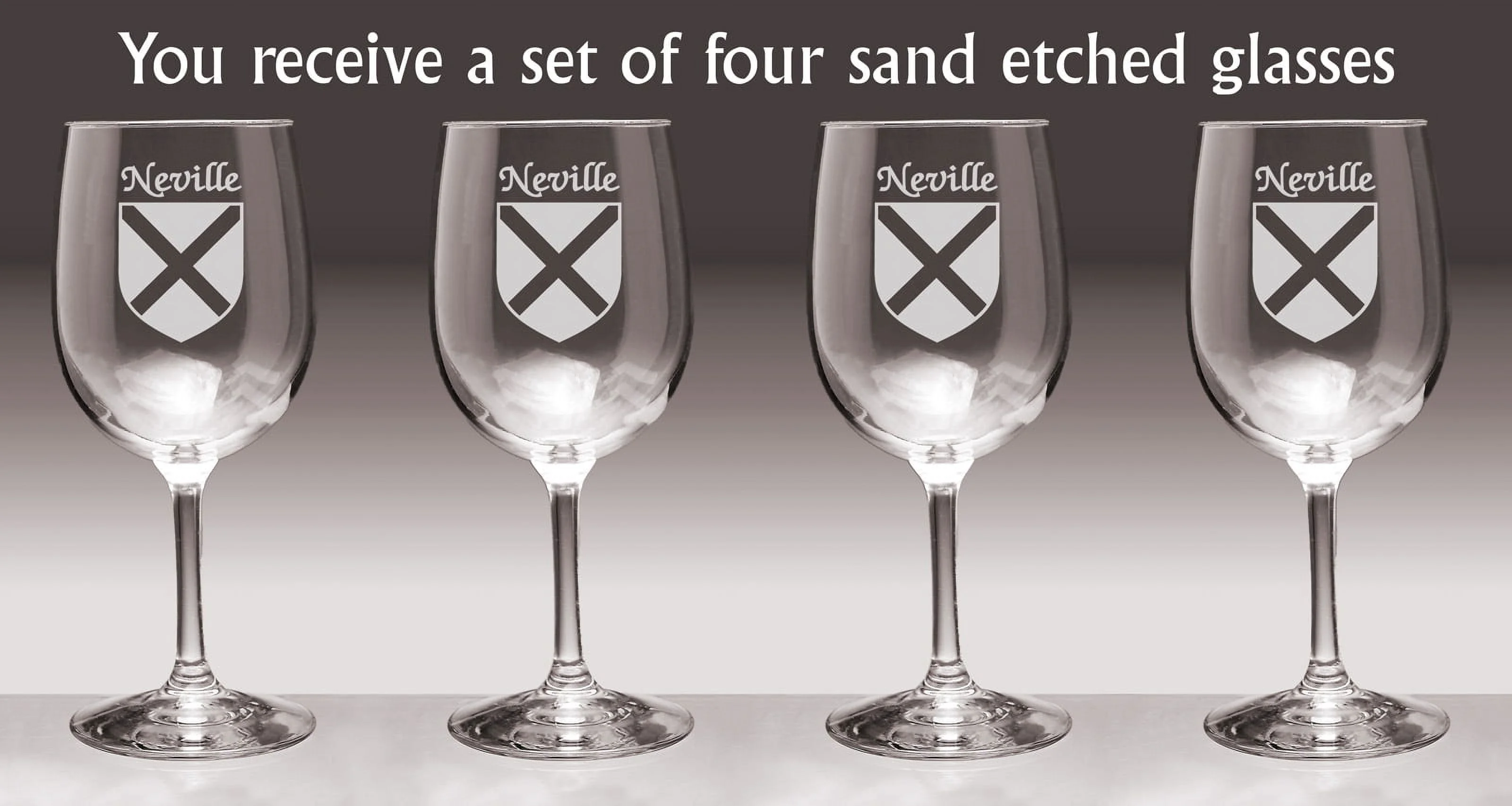 Neville Irish Coat of Arms Wine Glasses - Set of 4 (Sand Etched)
