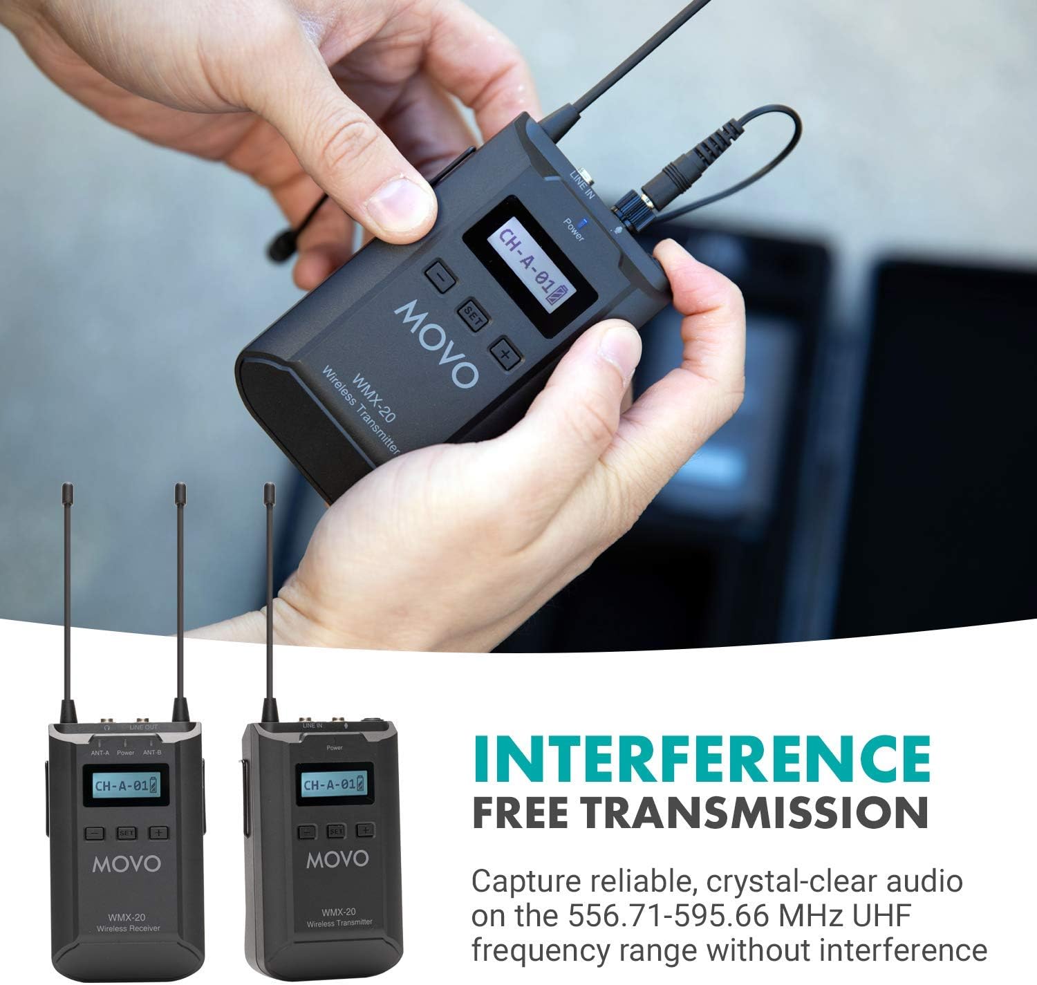 Movo WMX-20 48-Channel UHF Wireless Lavalier Microphone System with 1 Receiver, 1 Transmitter, and 1 Lapel Microphone Compatible with DSLR Cameras (330' ft Audio Range)