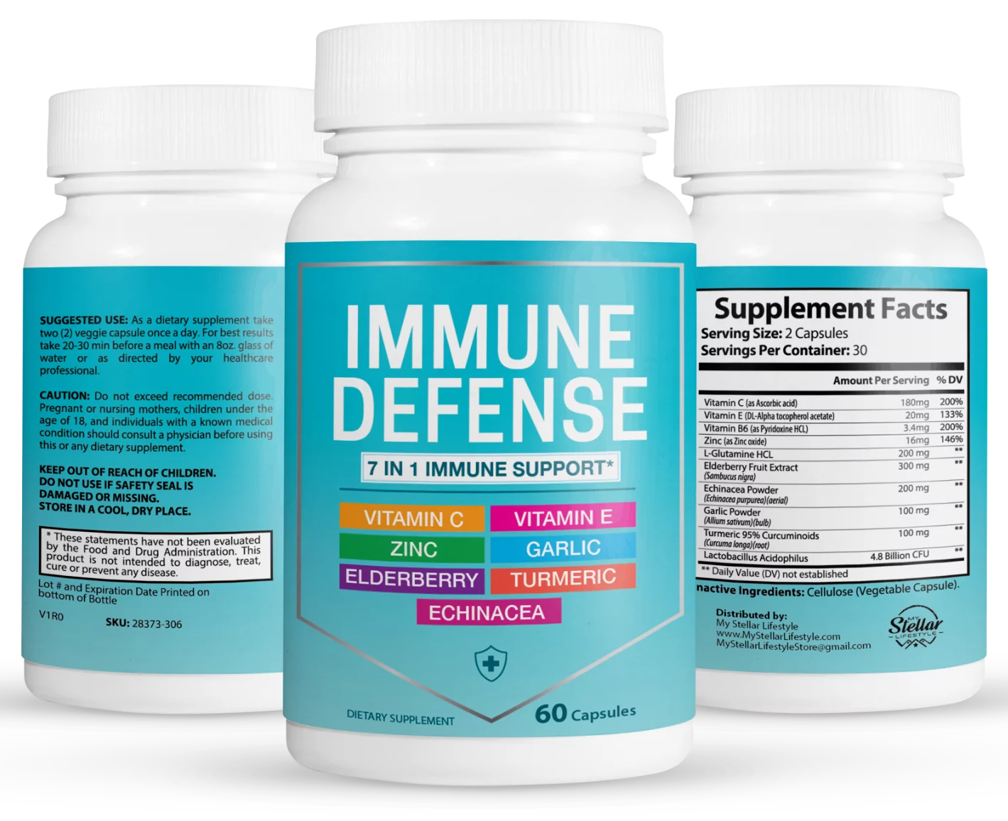 2 Pack 7 in 1 Immune Defense Support Vitamin C Zinc Elderberry Echinacea Turmeric-60 Capsules x2