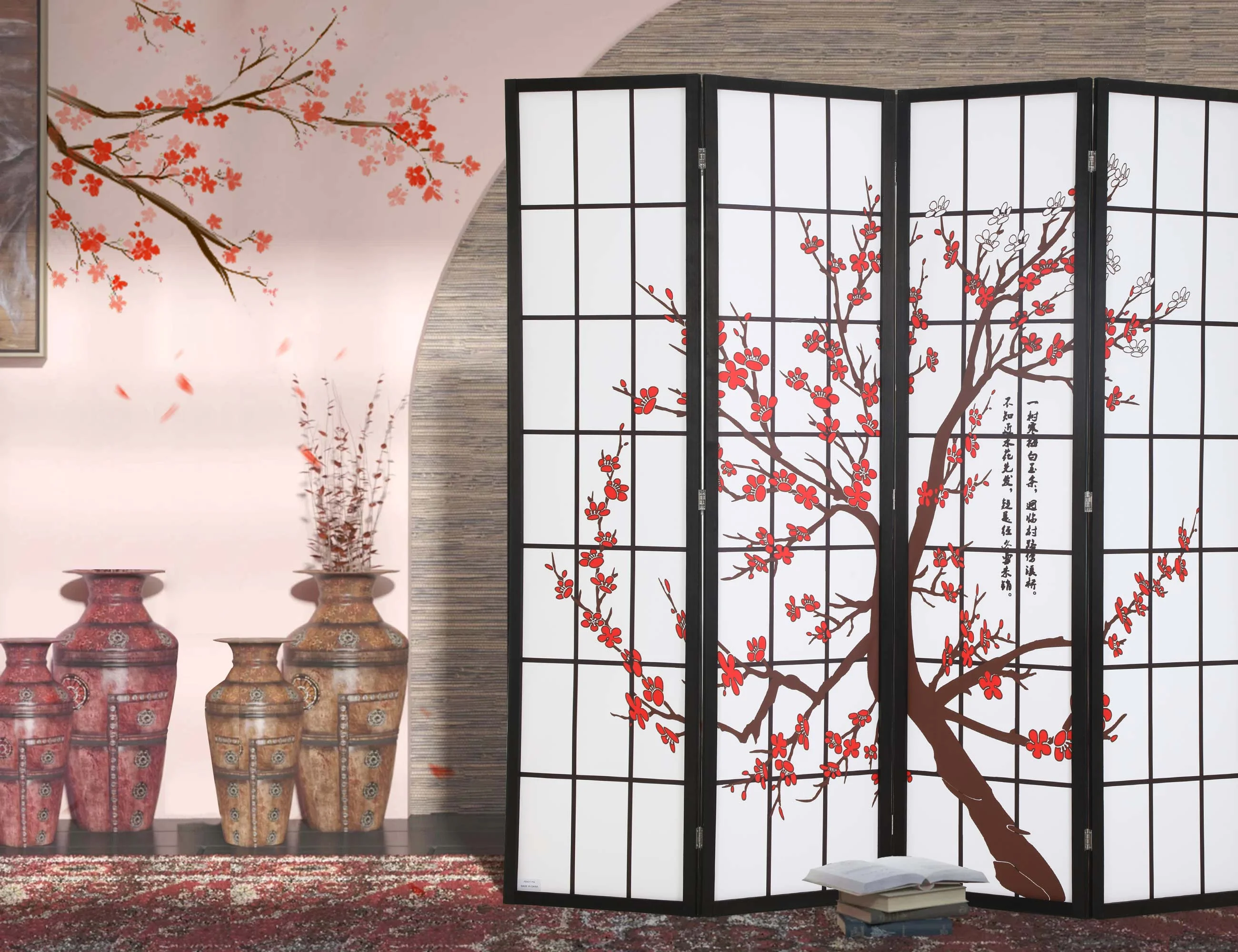 Japanese Plum Blossom Room Dividers with 4 Panels Wood, 6Ft Oriental Shoji Folding Privacy Screen for Decor Portable Freestanding Partition Screen for Rooms Wall Divider for Home Office