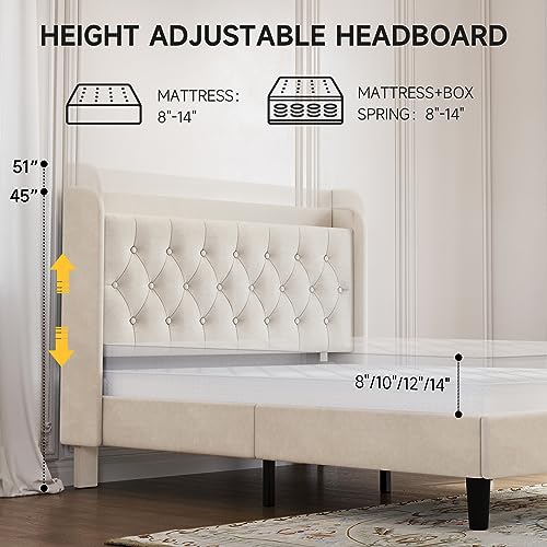 Queen Bed Frame, Velvet Adjustable Upholstered Platform Bed Frame with Type-C&USB Ports, Wingback Storage Headboard, Solid Wood Slats Support, No Box Spring Needed, Noiseless, Off White