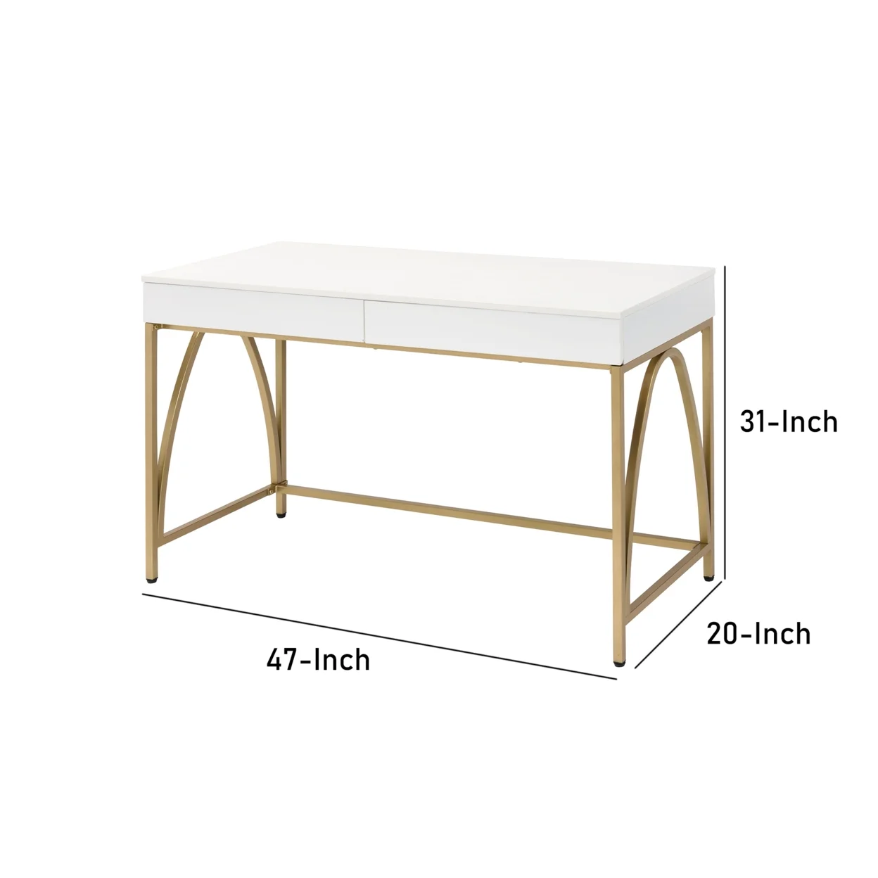 Rectangular Wooden Frame Desk with 2 Drawers and Metal Legs, White and Gold