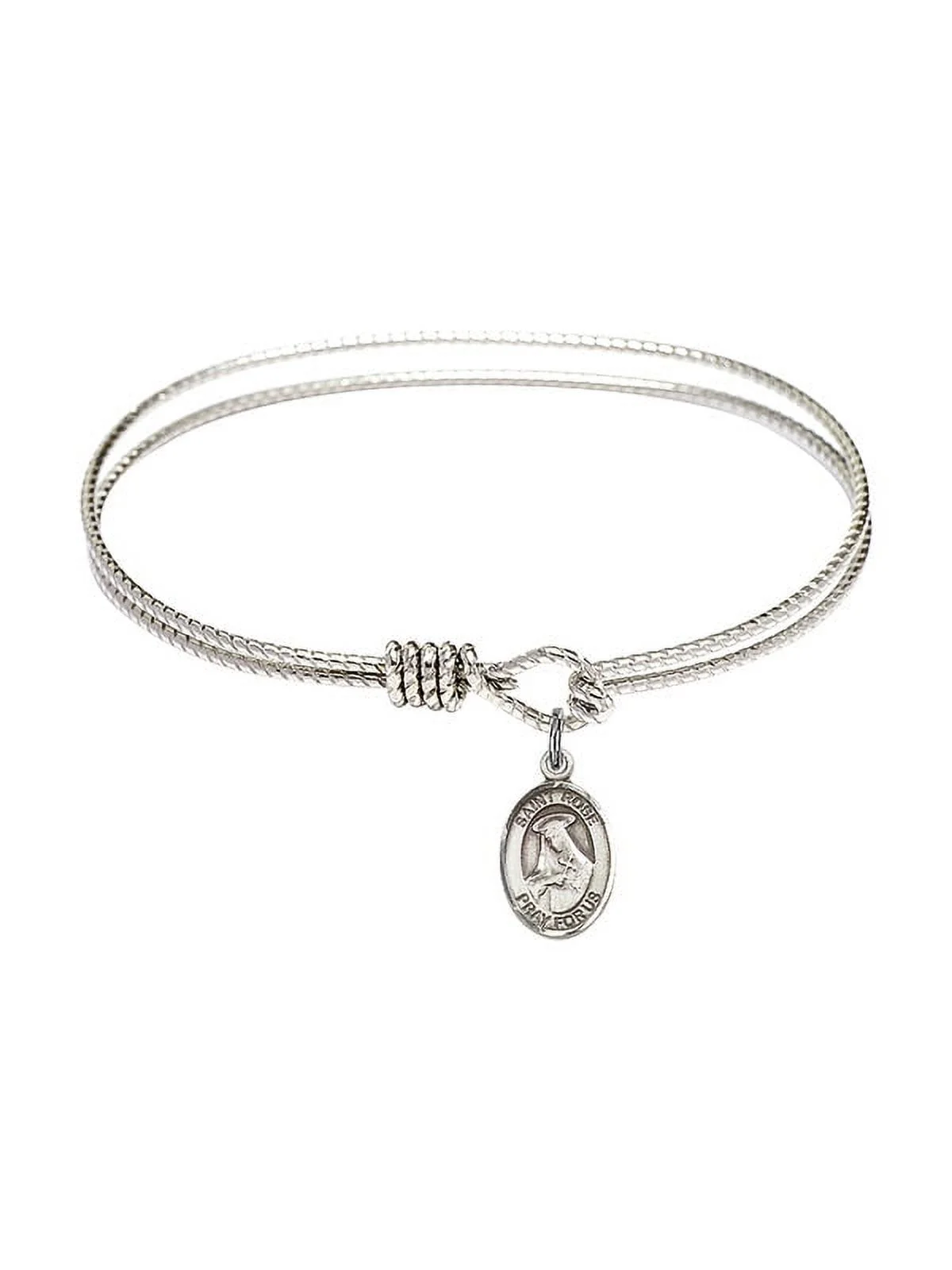 6 1/4 inch Oval Eye Hook Bangle Bracelet w/ St. Rose of Lima in Sterling Silver